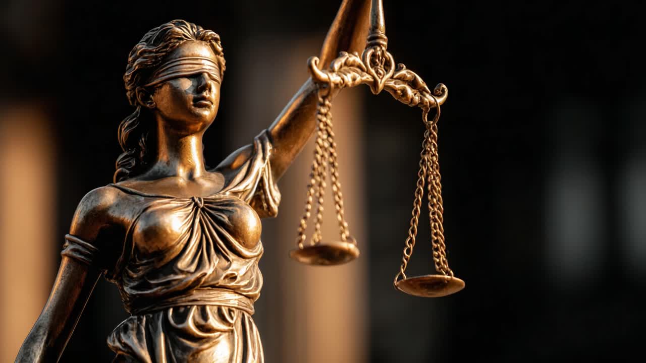 An Artistic Representation of Justice: A Close-Up of the Iconic Blindfolded Lady Justice Holding the Scales, Symbolizing Fairness and Impartiality
