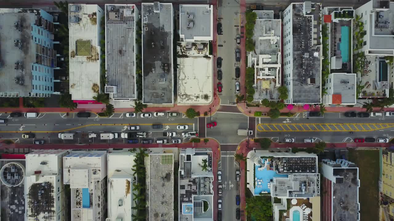 High Angle Aerial View of Traffic on Collins Avenue, Miami South Beach, Florida USA
