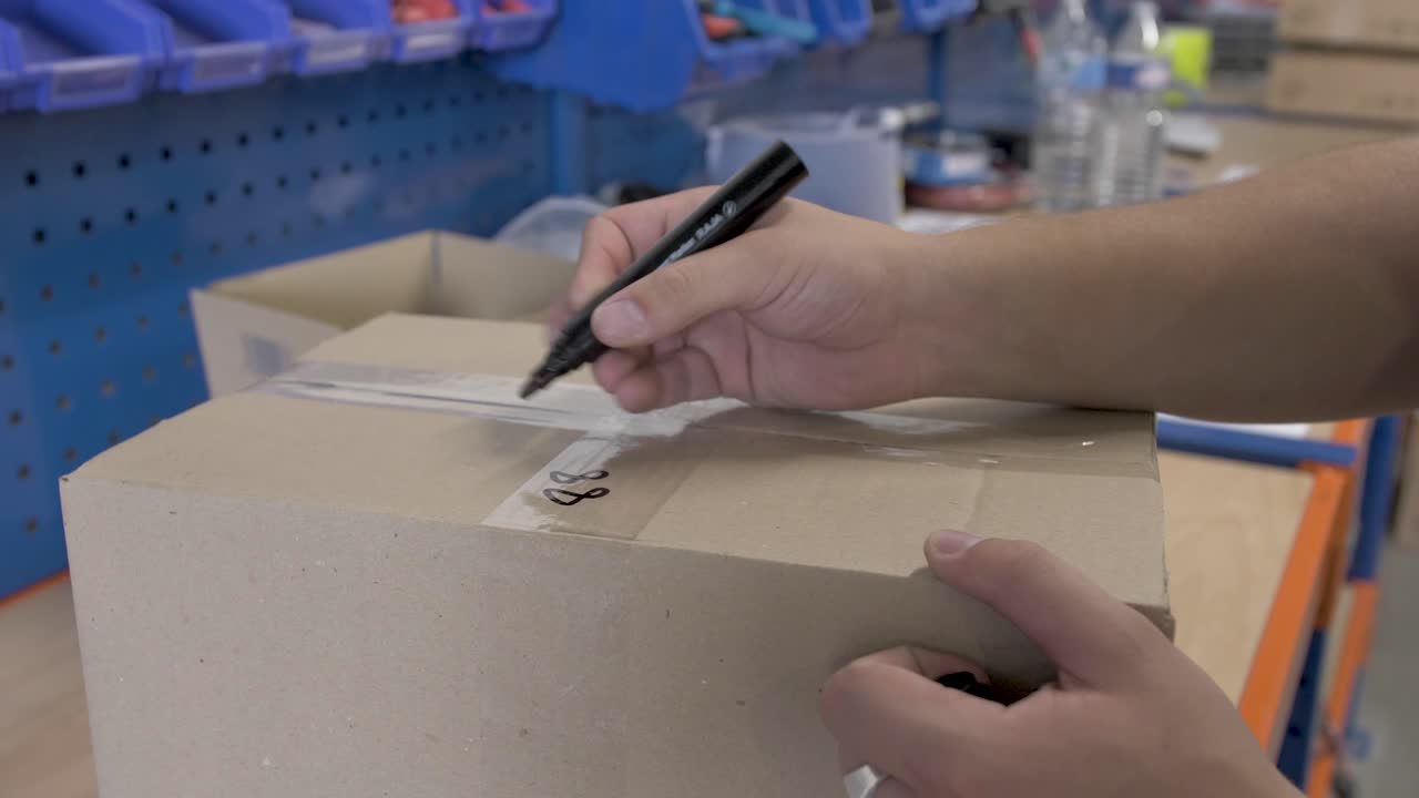 Man writing order number on solar panel shipment box with large black felt pen, Handheld close up shot