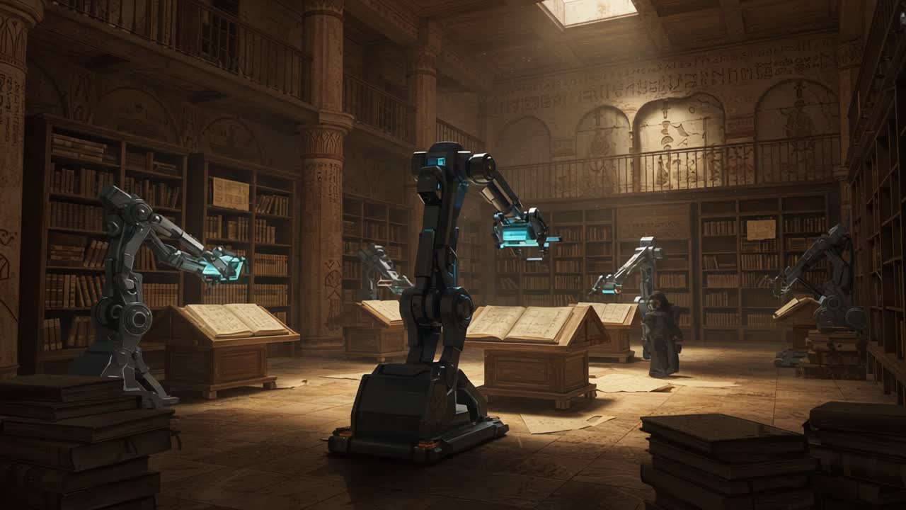 In a futuristic library, advanced robotic arms are engaged in meticulous tasks, showcasing a blend of technology and knowledge as they interact with ancient books in a mystical setting