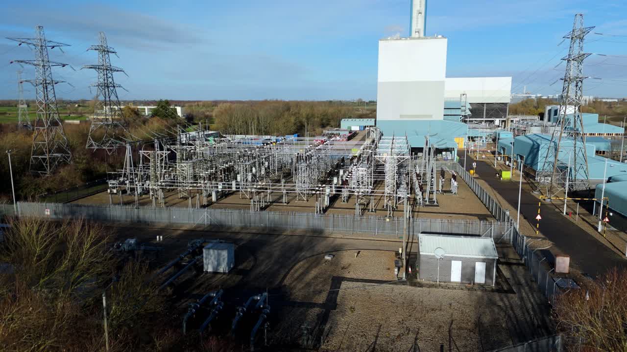 Aerial industrial landscape of King’s Lynn, featuring a gas-fired power plant and high-voltage electrical grid connectivity