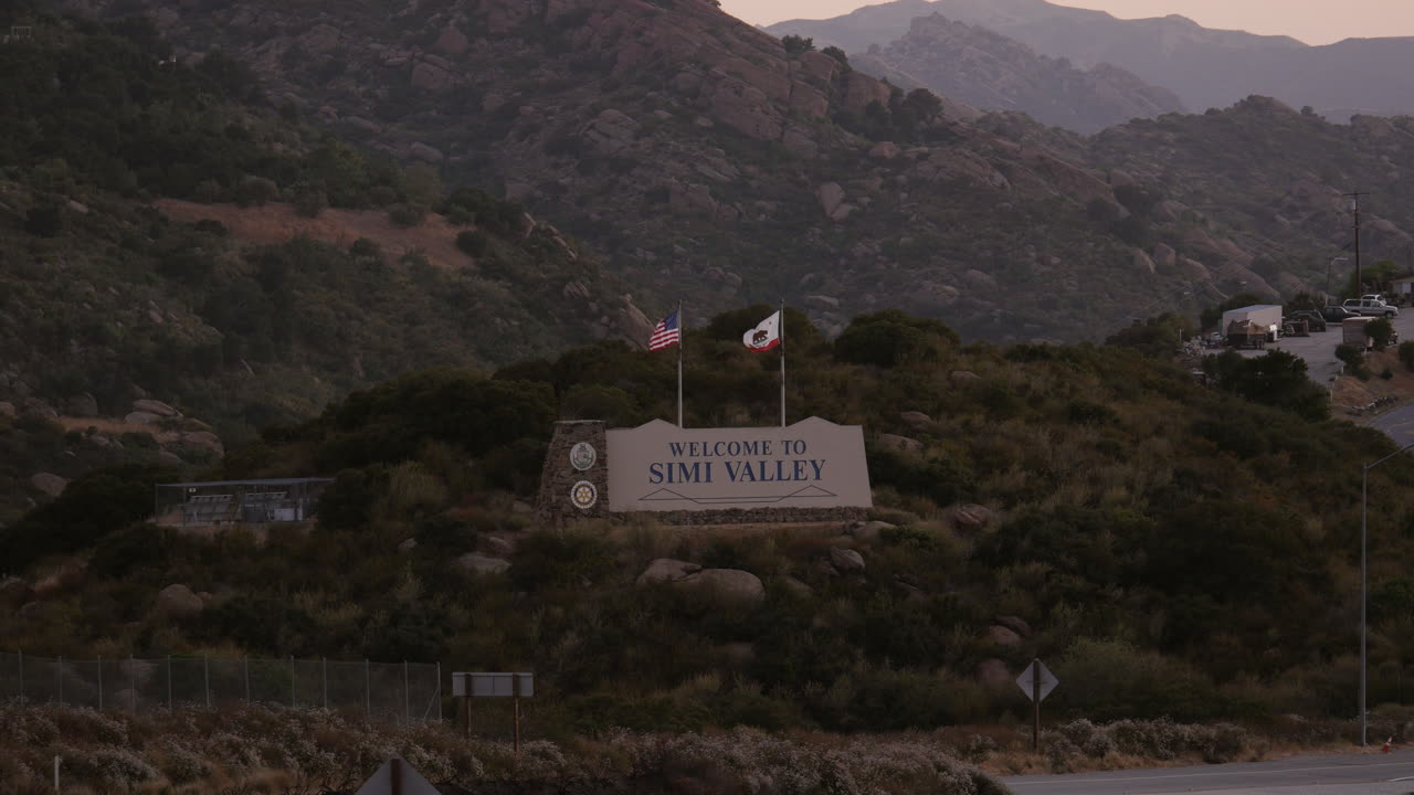Welcome to Simi Valley California USA sign right next to the freeway sunset shot in 4k high resolution
