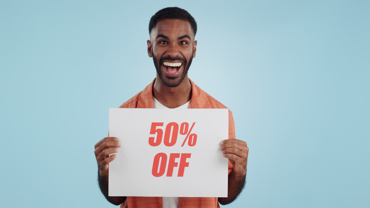 Sales poster, happy man or surprise discount