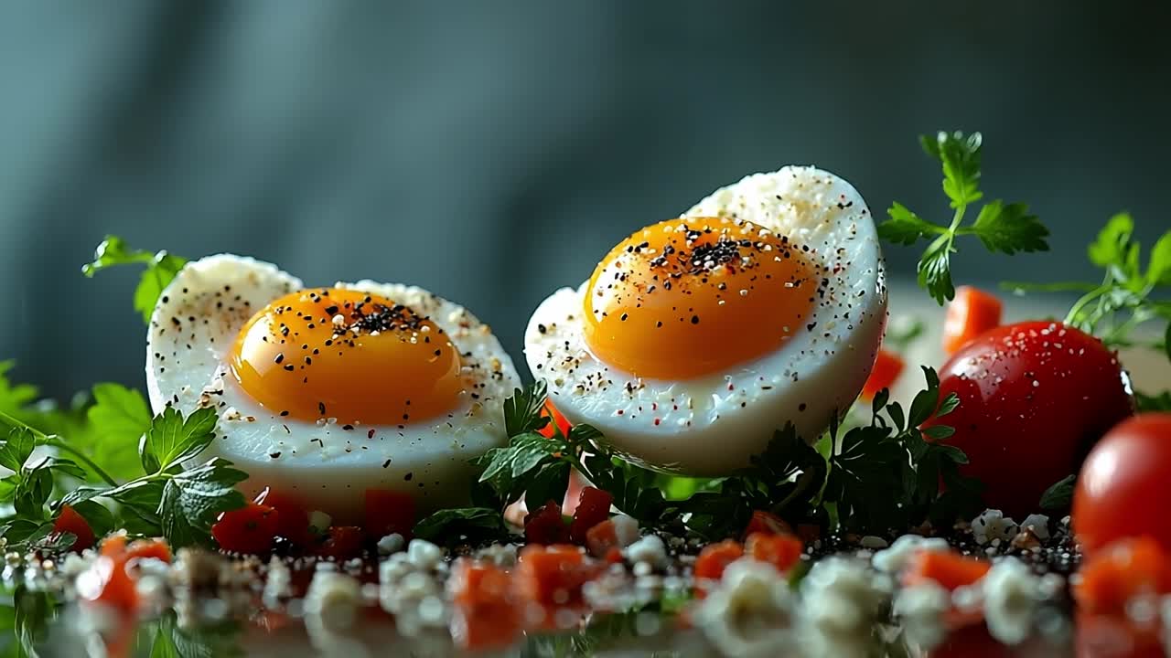 Breakfast with eggs and fresh vegetables. Two eggs are set with bright yolks on a bed of chopped tomatoes and herbs, creating a colorful breakfast display.