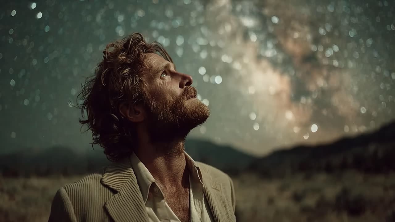 A contemplative figure gazes upward into a vast night sky filled with stars and a brilliant Milky Way, evoking thoughts of wonder and the universe's mysteries in a tranquil wilderness setting