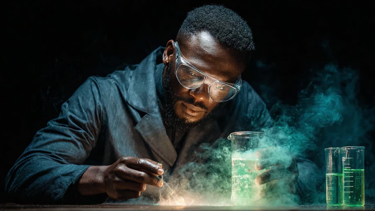 A Chemist in Action: Captivating Moments of Experimentation as Colorful Smoke Erupts from Beakers, Showcasing the Wonders of Science and Discovery