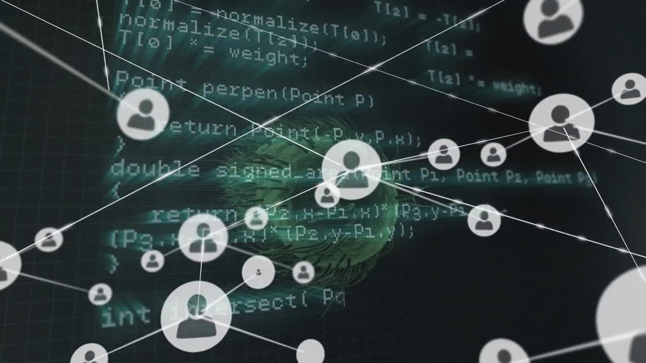 red de iconos de perfil y procesamiento de datos contra la célula covid-19 en fondo negro