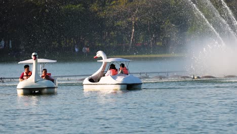 people enjoying swan boats in a park with a fountain