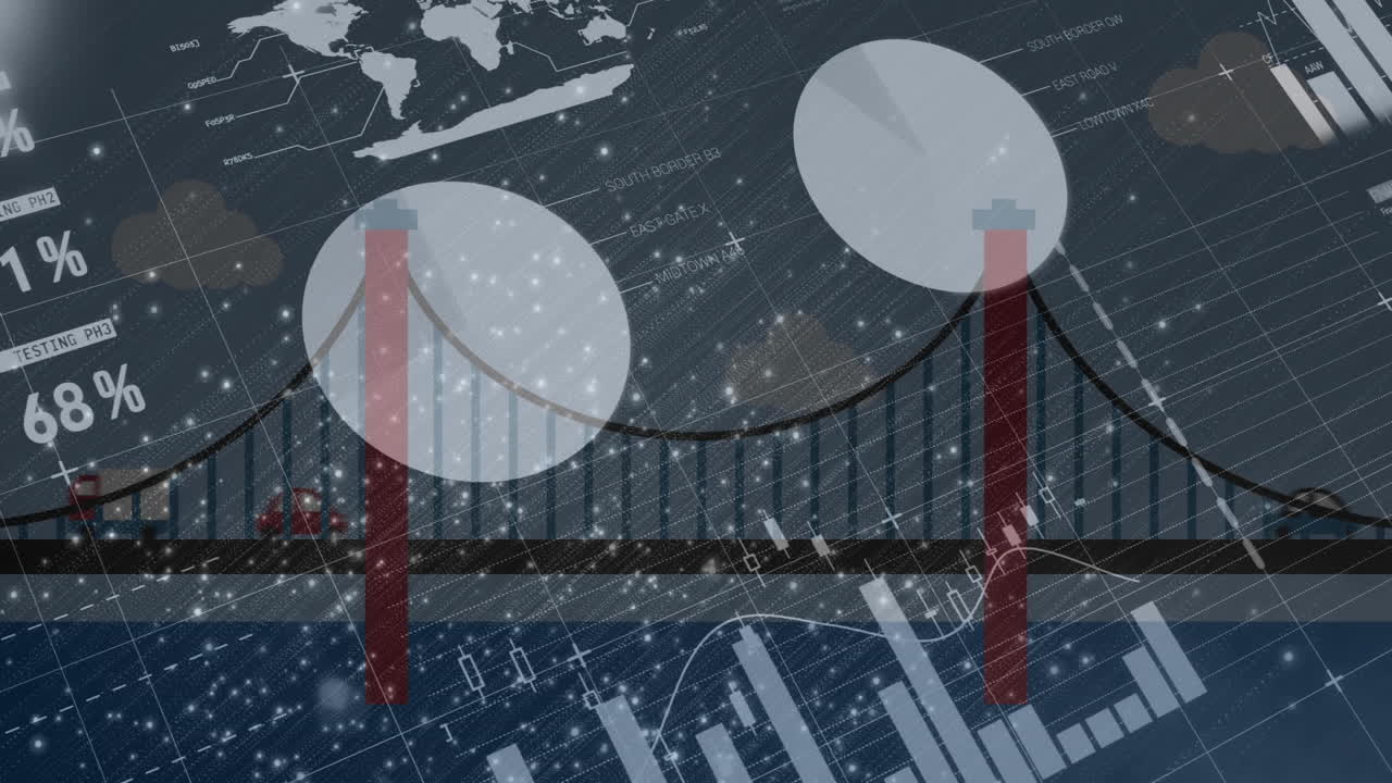 Data charts and percentages overlaying bridge silhouette with snowy background animation