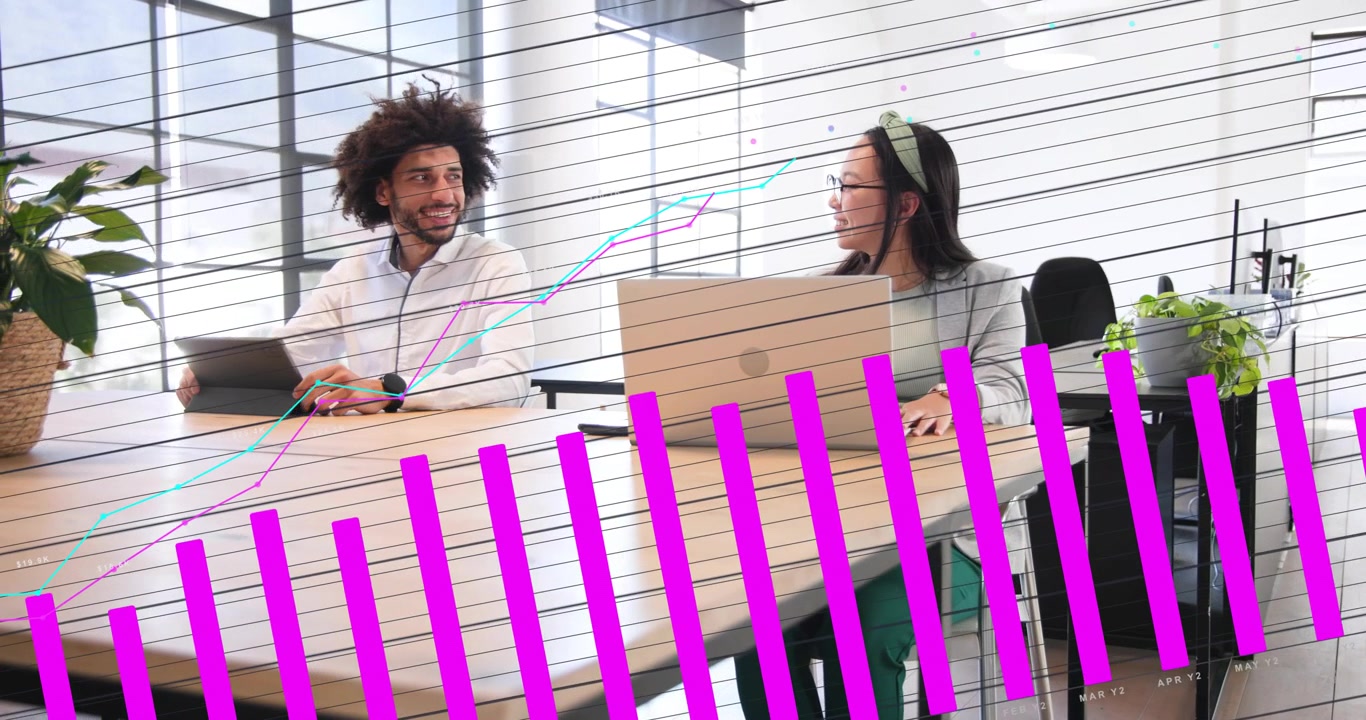 Coworkers at wood table shifting attention as animated magenta bars rising, tracking sales growth