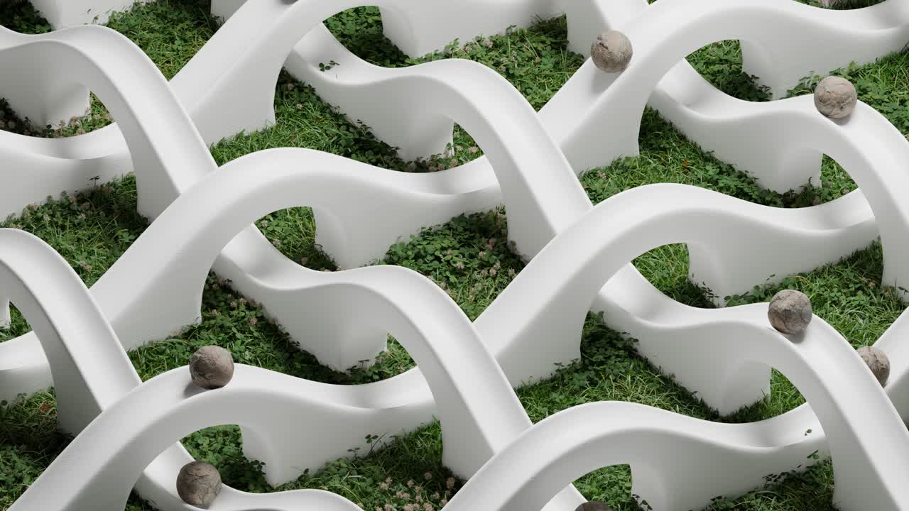 diseño geométrico abstracto con curvas blancas y hierba verde