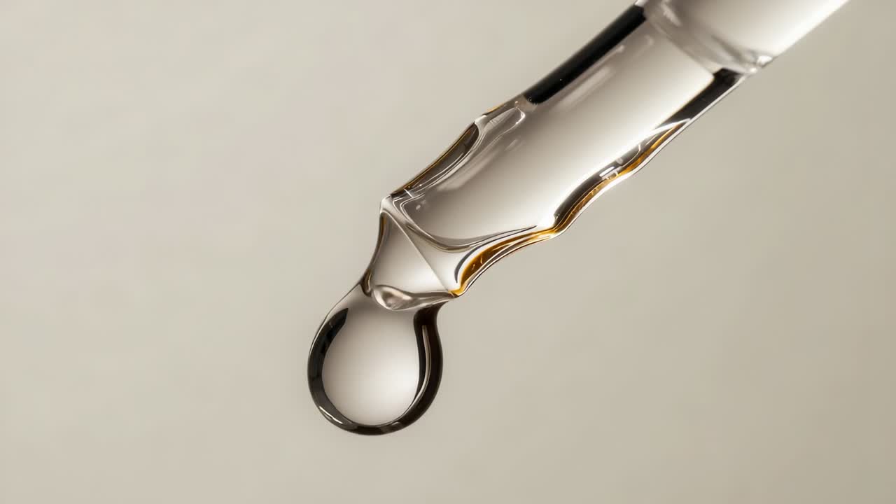 Liquid rising at glass dropper tip stretching droplet detaching under gravity in studio, copy space