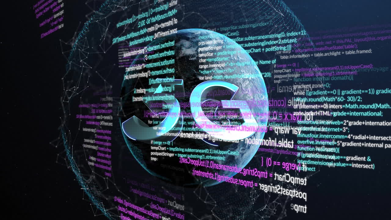 Digital globe with data streams and connections, featuring 5G technology animation