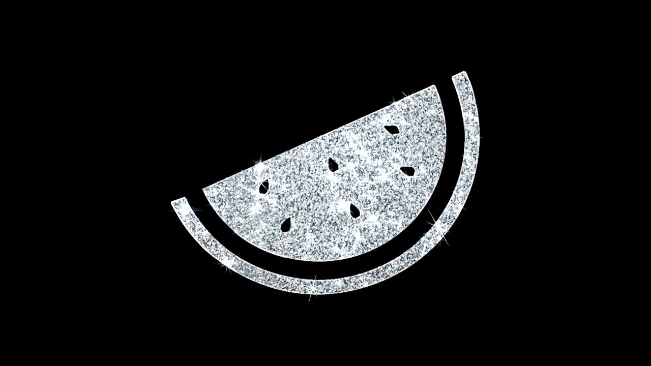 el icono de la rebanada de sandía brilla con partículas parpadeantes en bucle de brillo.