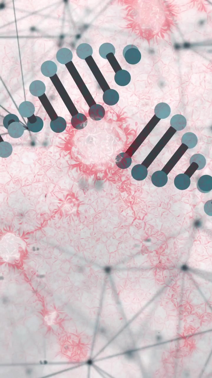 Animation of network of connections, dna and molecular structures floating against grey background