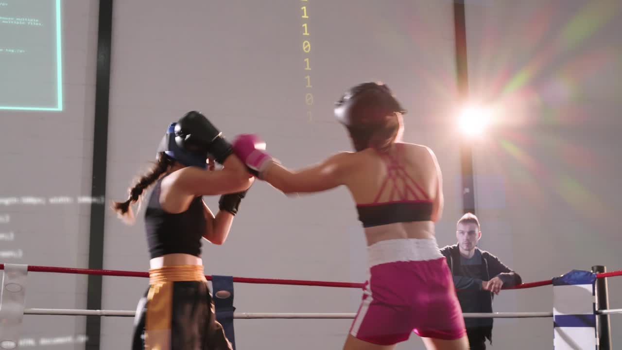 Pink-clad boxer stepping in jabbing, black-clad boxer countering, HUD tracking stats for training