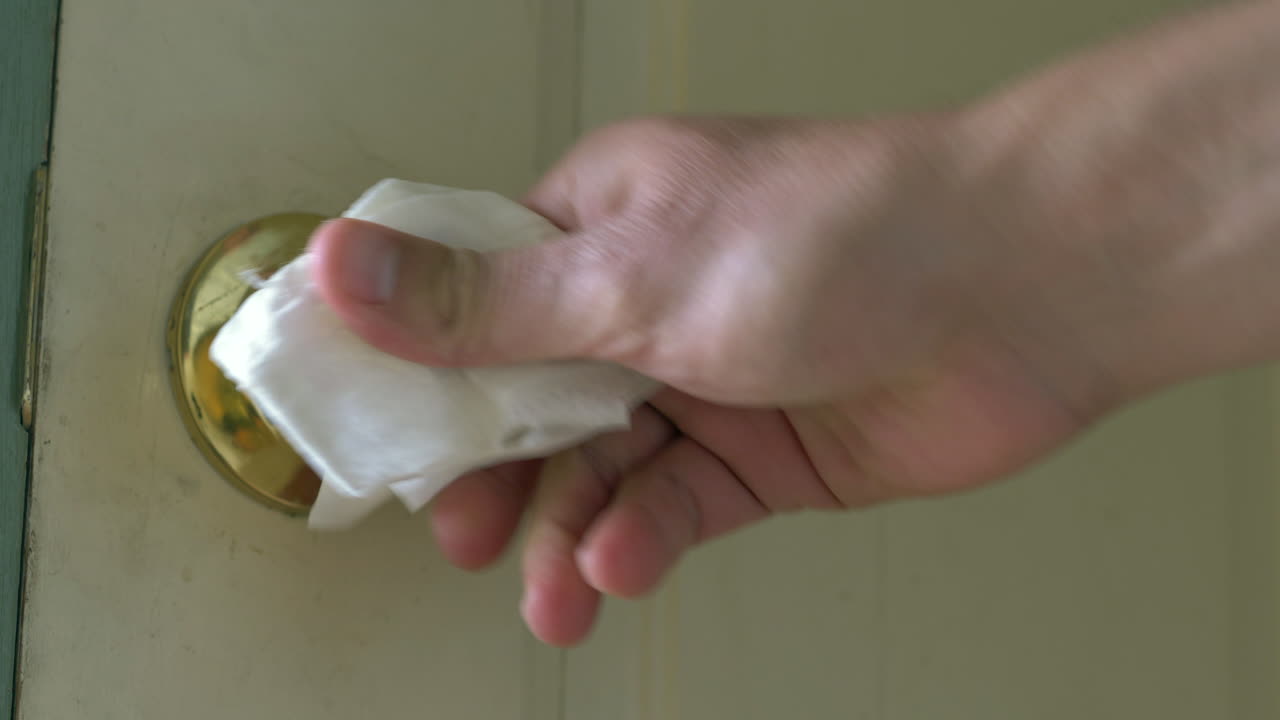 사람은 소독 물티슈로 문 손잡이를 소독합니다.