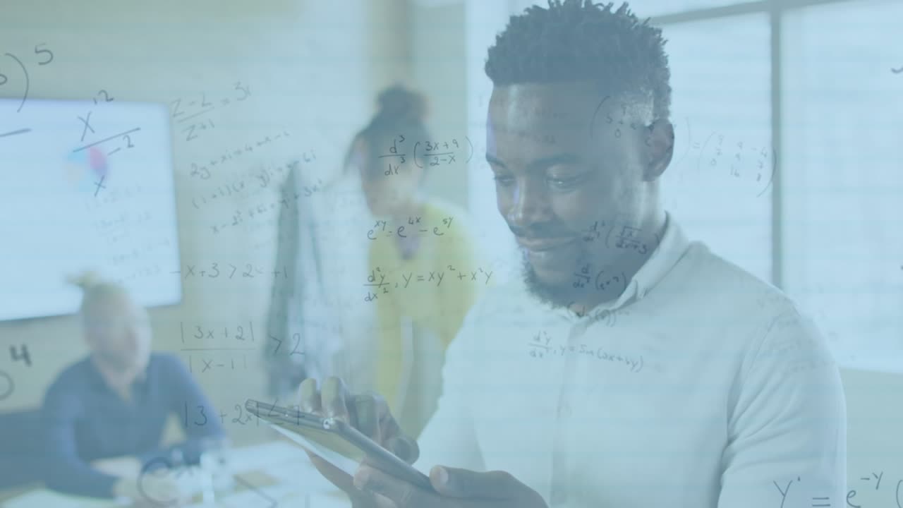 Animation of math formulas over african american with tablet in office