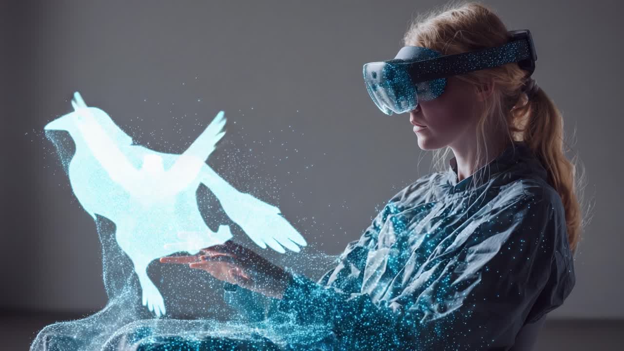 Exploring Virtual Realities: A Young Woman Engaged in an Immersive Experience with Holographic Technology, Bringing a Digital Bird to Life as She Interacts with the Virtual Environment through VR Headset