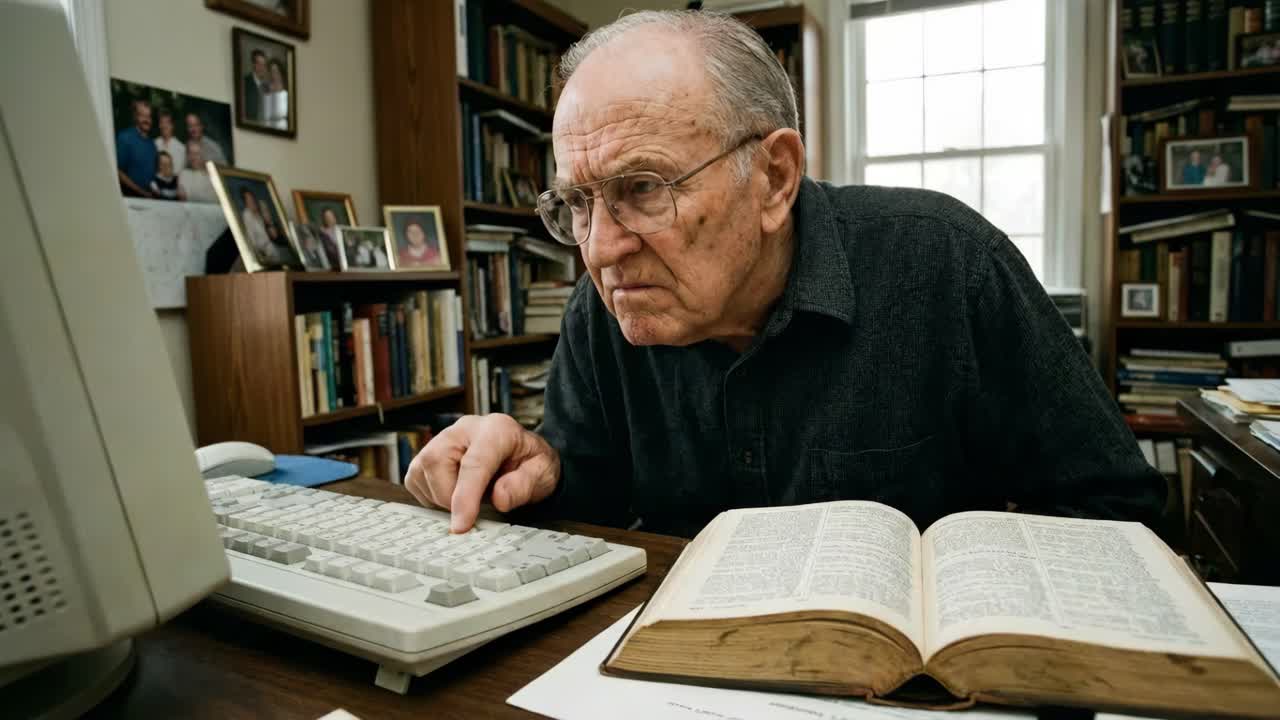 Elderly Man Reading Bible and Using Computer