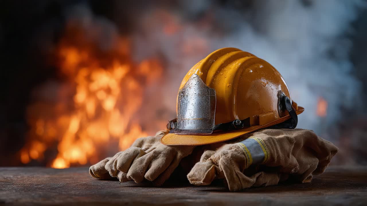 A Close-Up of a Firefighter's Equipment Featuring a Wet Yellow Helmet and Protective Gloves Against a Backdrop of Dramatic Fire Smoke and Heat