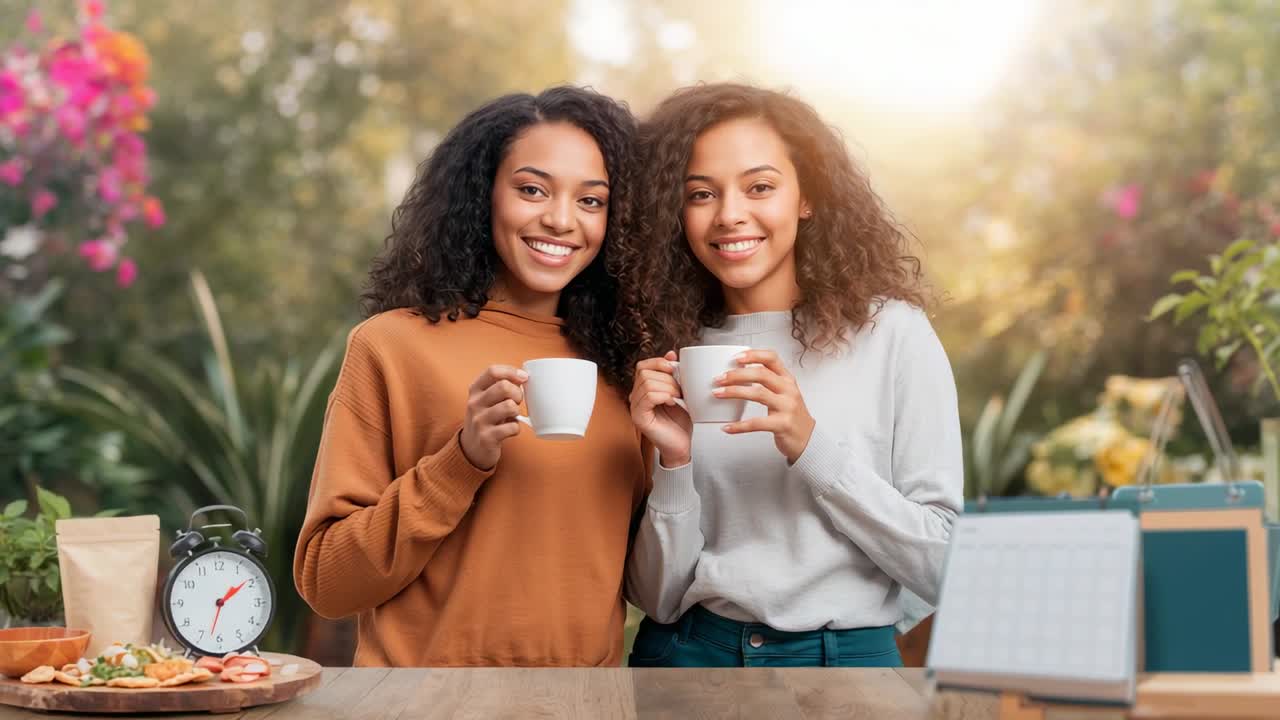 Mujeres en primer plano con jerséis grises y color teja acercándose en un jardín con tazas y un despertador; zoom de cámara.
