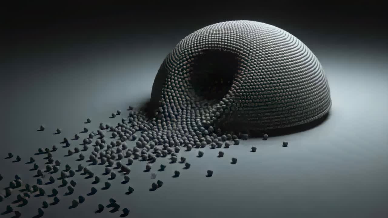 Emerging stream from dome cavity, beads pouring left, piling on gray plane under overhead light