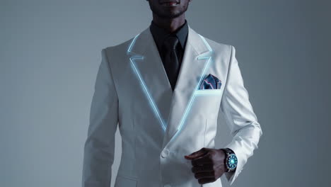 man in a futuristic white suit with neon accents
