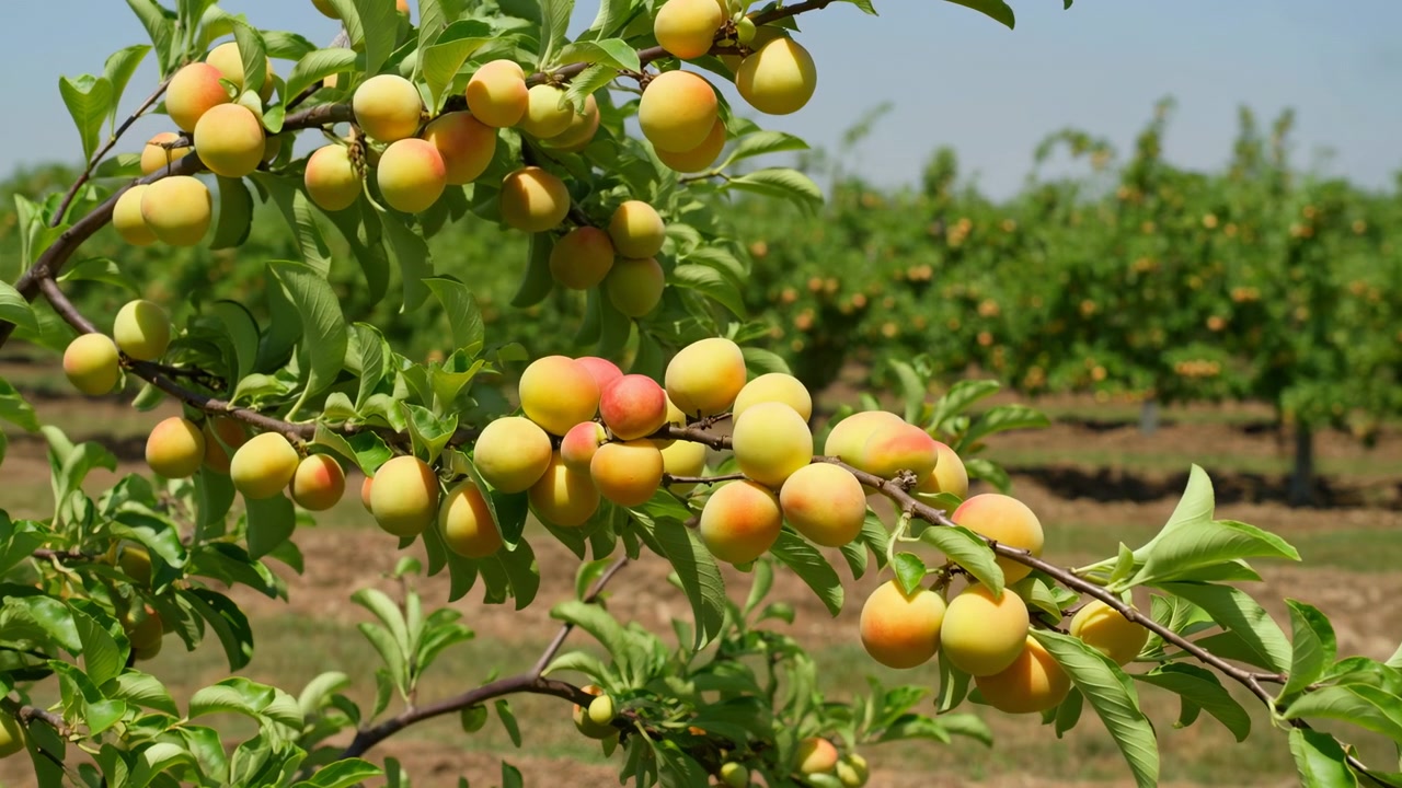 Grappolo di prugne gialle che maturano su un ramo di frutteto durante la crescita di mezza stagione che mostra il peso che lo piega
