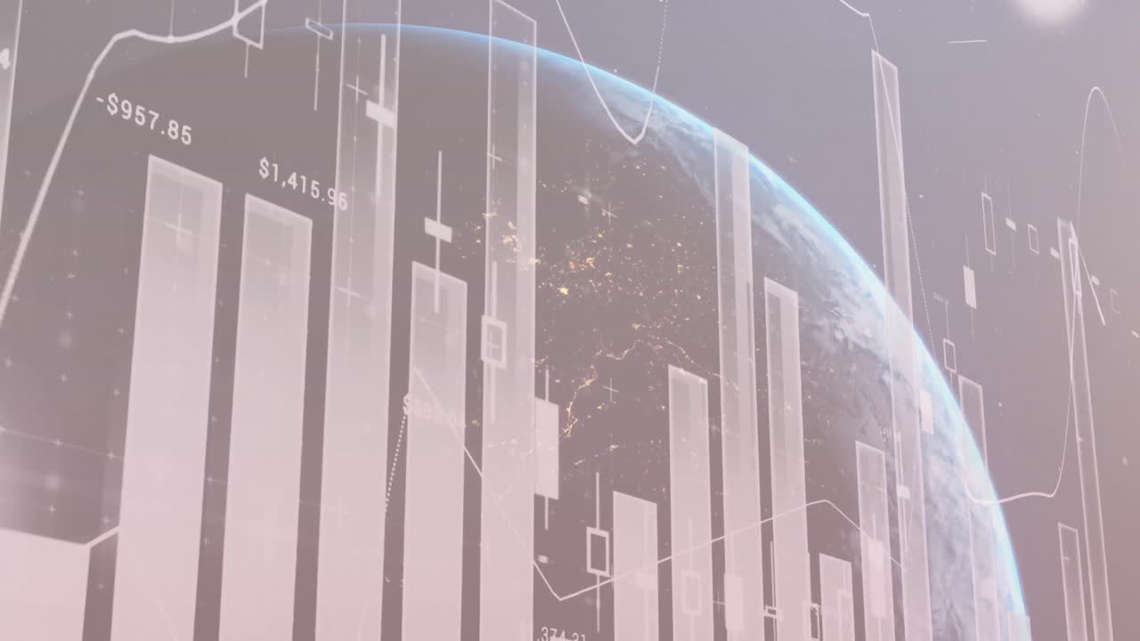 추상적인 배경에 대한 지구상의 숫자와 렌즈 플레어가 있는 그래프의 애니메이션