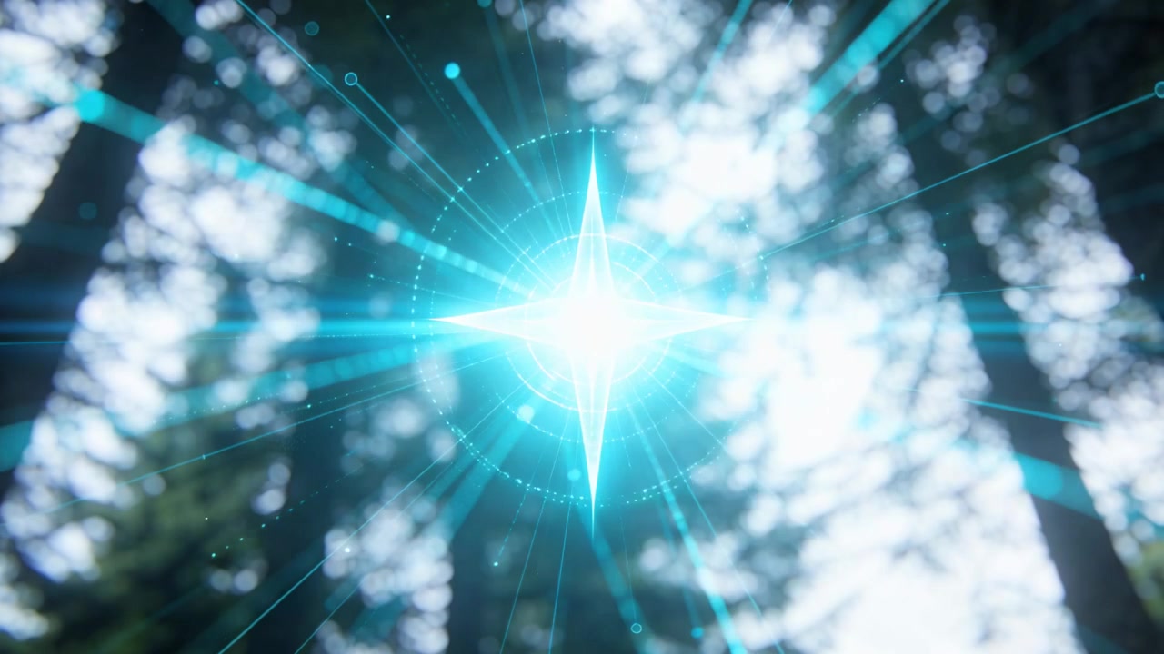 Materializing holographic compass star above pine canopy when cyan point appearing, emitting beams