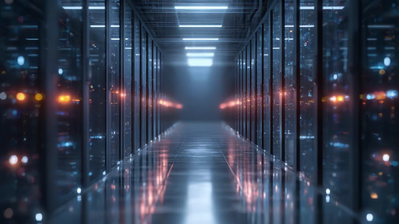 Udforskning af en futuristisk datacenterkorridor med refleksioner og stemningsbelysning, der fremviser den avancerede teknologi i moderne serverfaciliteter