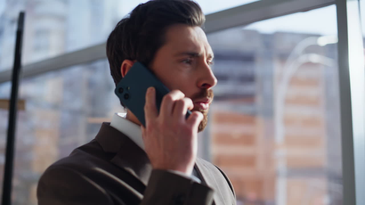 Company specialist speaking smartphone standing business center closeup