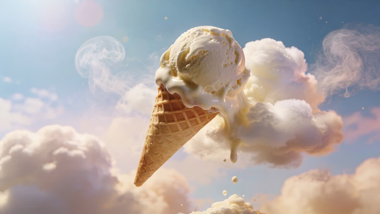 Zon verwarmt vanille-ijsbolletje op wafelhoorntje, hoorntje draait en laat romige druppels vallen over wolkenlandschap.