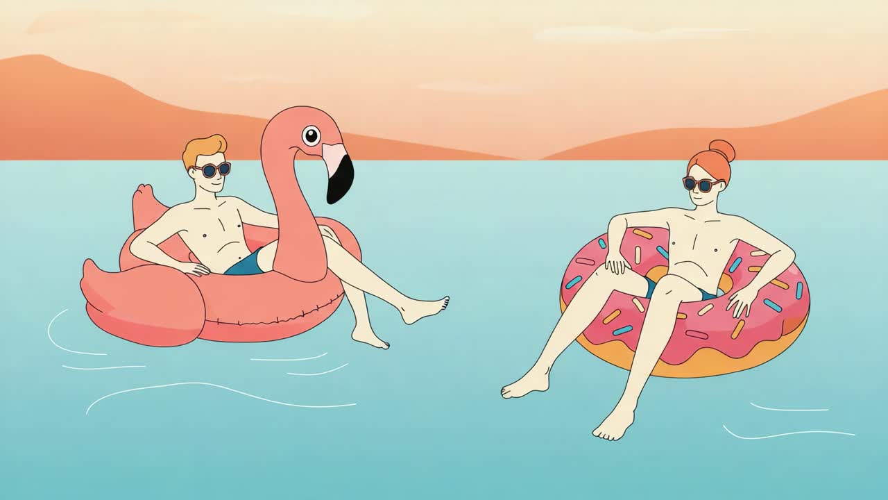 A Relaxing Summer Day by the Water: Two Friends Enjoying Sunny Vibes on Colorful Inflatable Floats in a Tranquil Setting