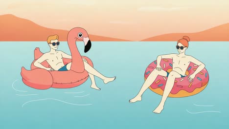 a relaxing summer day by the water: two friends enjoying sunny vibes on colorful inflatable floats in a tranquil setting