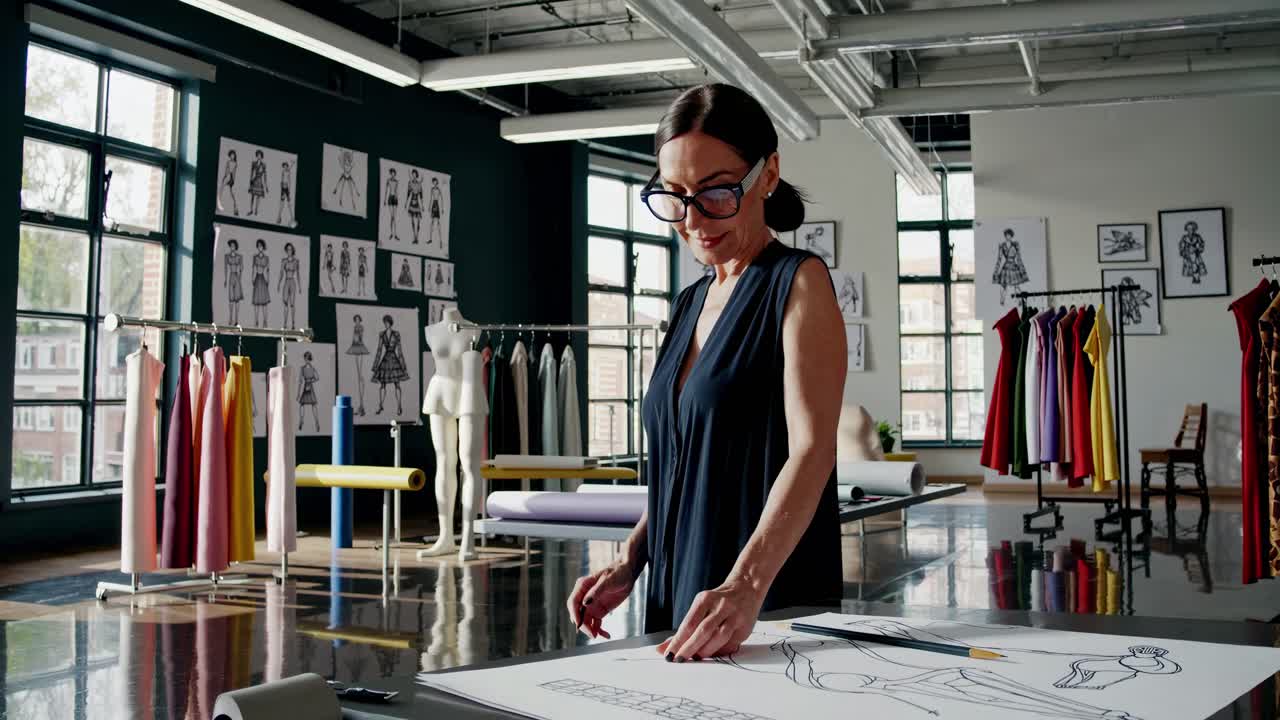 En modedesigner arbejder på skitser i et moderne studie. Videoen fanger hende fra en lav engel.