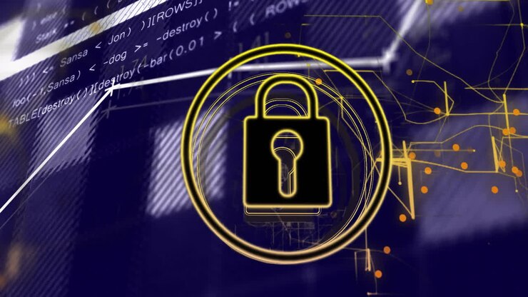 Lock symbol and security code animation over abstract digital background