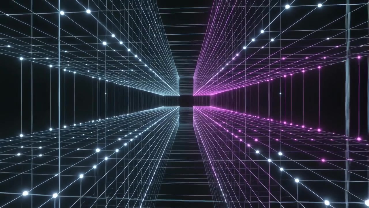 Corridoio al neon in loop che si muove verso il vuoto in un tunnel digitale, con nodi pulsanti che segnalano il viaggio.