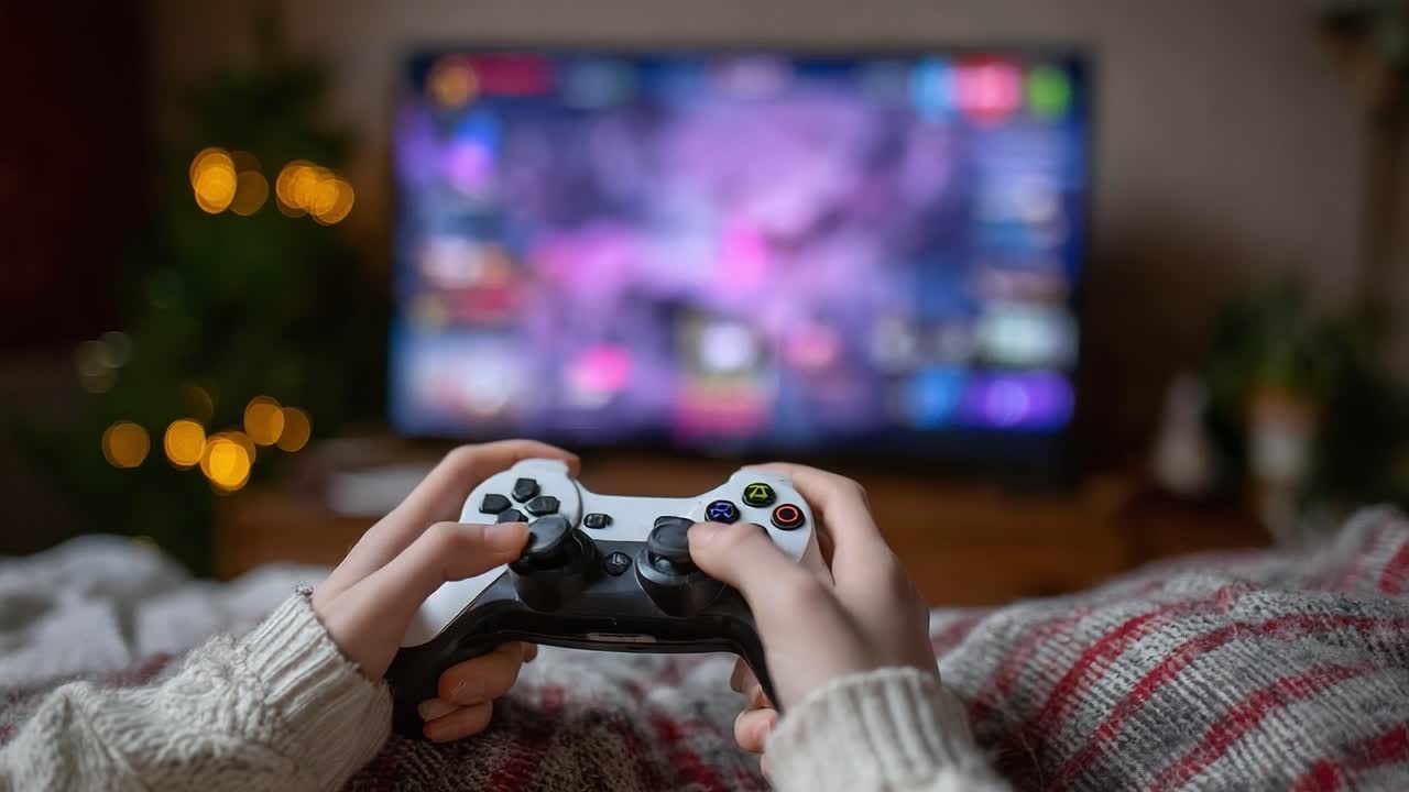 Engaging in a Cozy Gaming Experience: A Close-Up View of Hands Holding a Game Controller in Front of a Colorful TV Display Filled with Action and Adventure