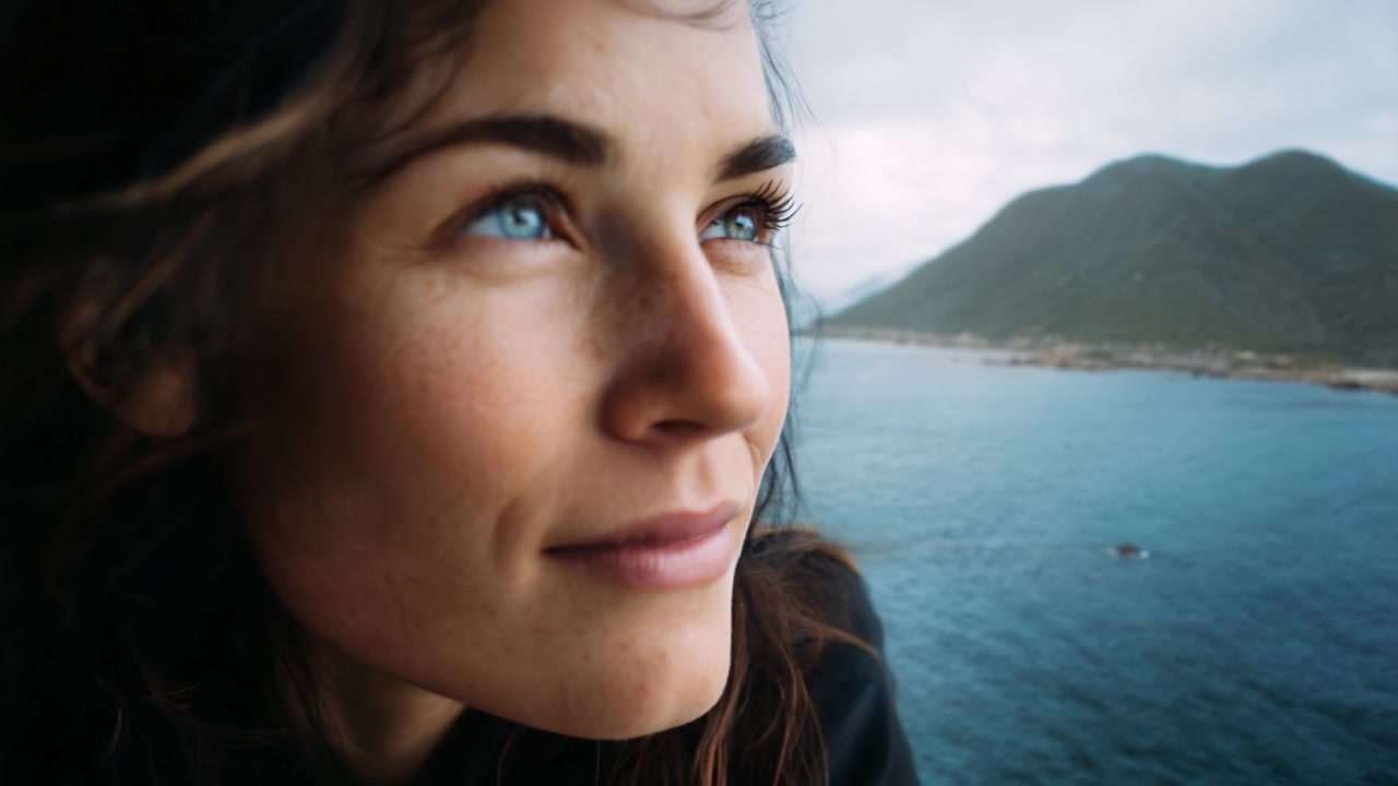 Eine nachdenkliche Frau blickt zum Horizont, reflektiert über das Leben mit gelassenem Ausdruck, eingetaucht in die Schönheit und Ruhe der Natur am Wasser.