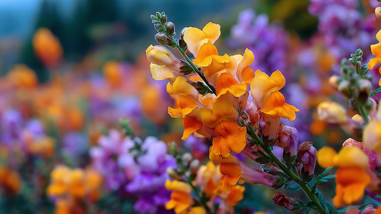 A Vibrant Display of Colorful Flowers: A Close-Up of Orange and Purple Blossoms Showcasing Nature's Beautiful Palette in a Serene Environment