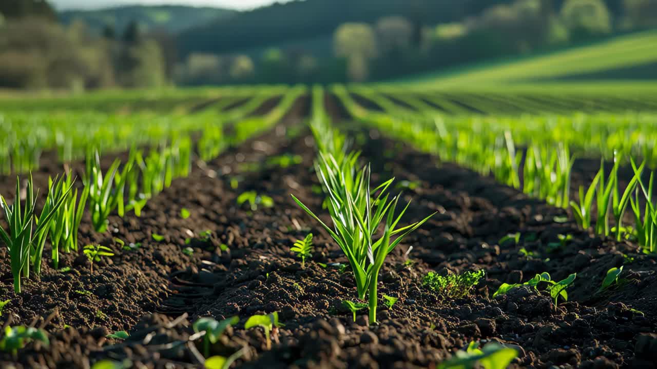 Young Plants Growing in Rows in a Field