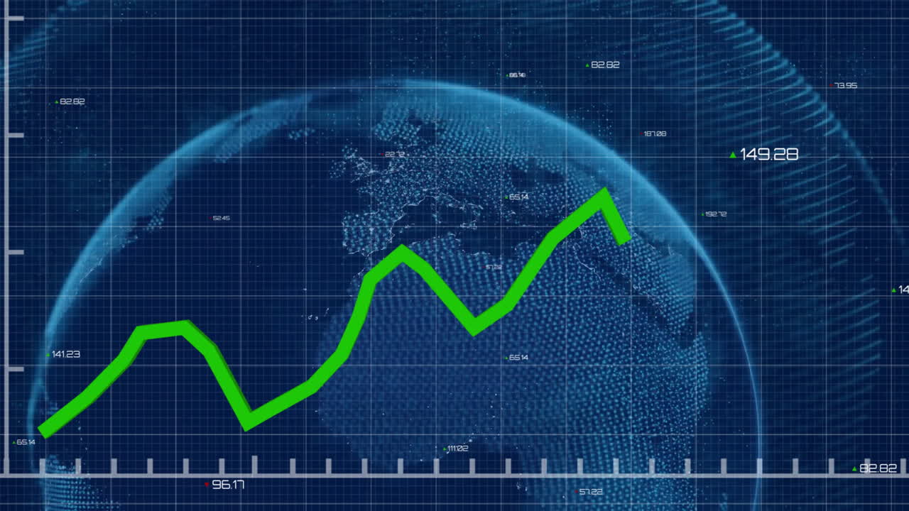 анимация зеленой линейной графики над цифровым глобусом с точками данных и линиями сетки