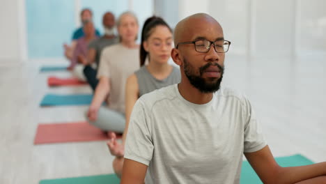 man, coach and zen meditation in yoga class