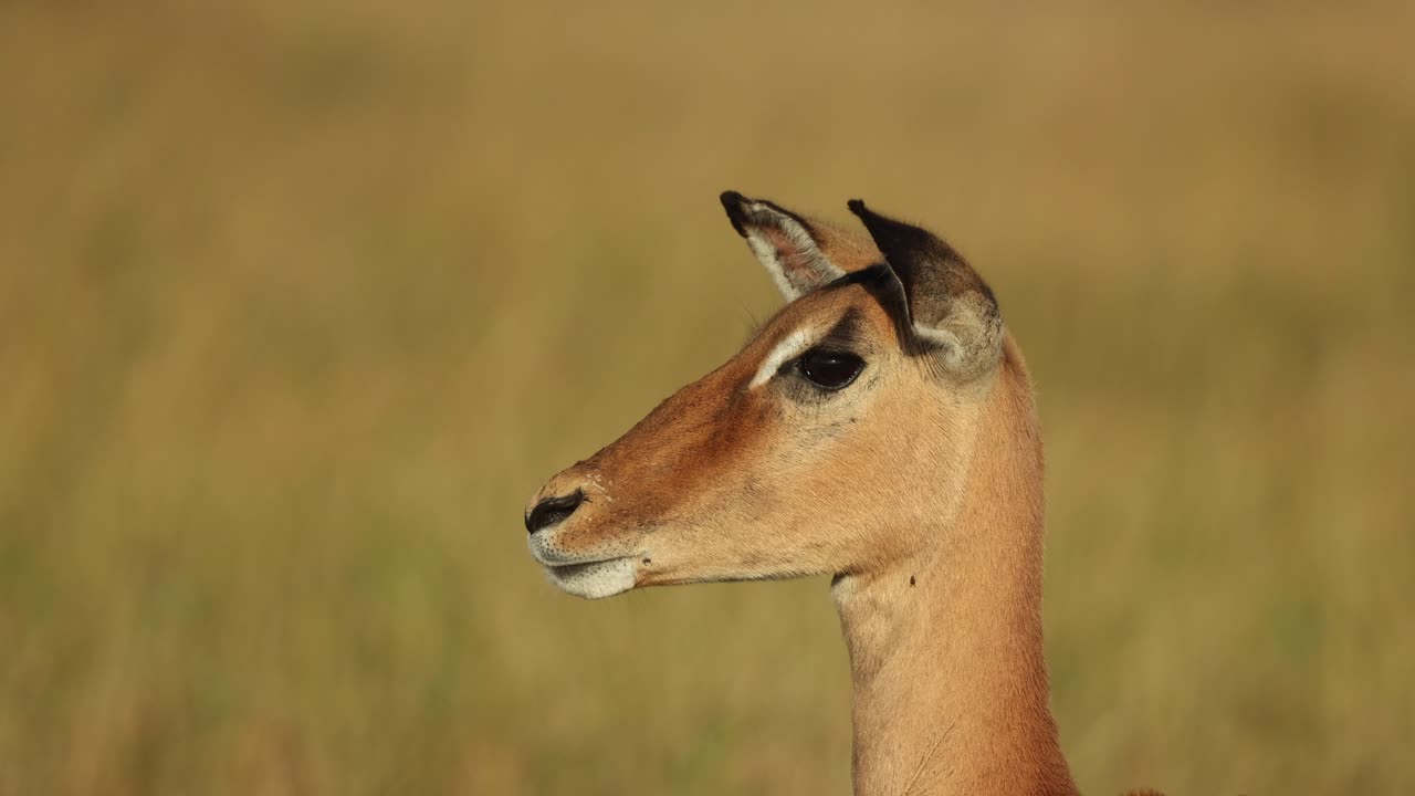 Closeup of a female impala antelope's face looking into the distance with a beautiful blurred background, Kruger National Park.