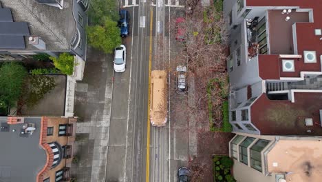 streetcar drives through street, passes under trees, and crosses an intersection, top-down aerial view