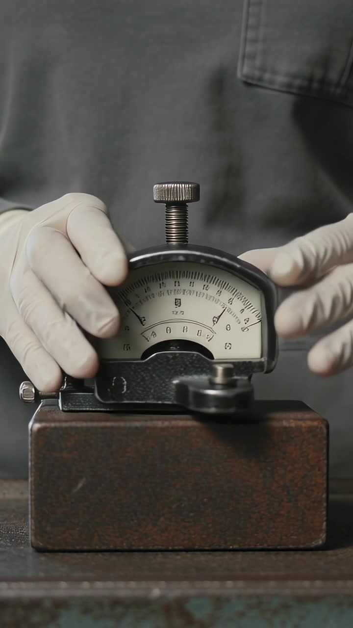 Vertical video: Gloved tech in coat placing rotating gauge on steel block at bench checking setup