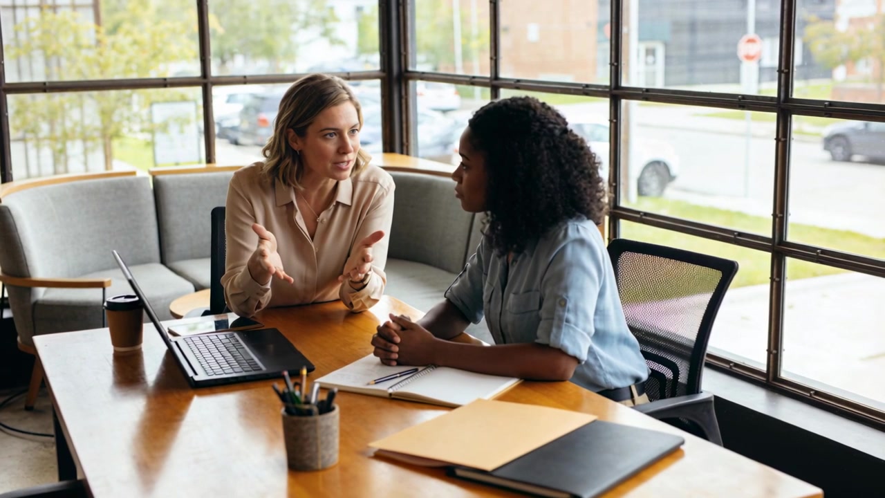 Opening discussion left woman in blouse guiding staff in denim at table, with laptop notebook