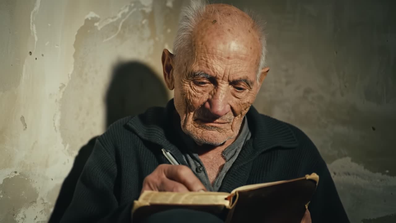 An elderly man reflects on his memories while writing in a worn notebook, capturing the essence of wisdom and storytelling through the passage of time.